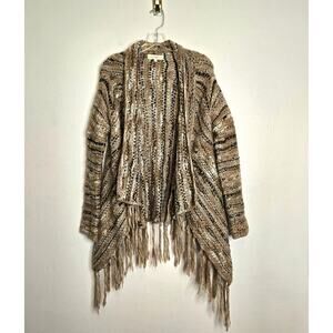 Altar'd State Wool Blend Marled Knit Open Front Cardigan Size M Brown Fringe